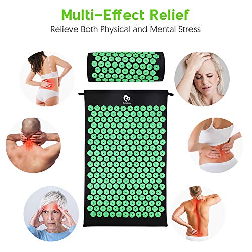 Esterilla Acupresion Kit de Masaje con Almohada - Estera de Acupresión Esterilla Masaje para Espalda, Cuello, Dolores de Cabeza, Relajación Muscular, Alivio del Dolor Ciático - Verde