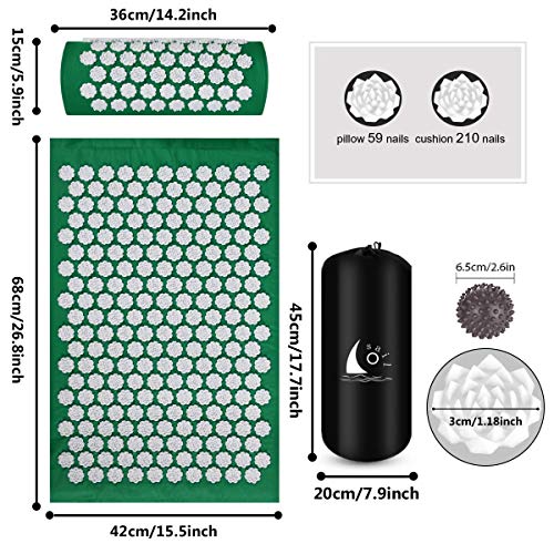 Esterilla de acupresión y cojín con 2 bolas de masaje de púas, esterilla de yoga con cojín lumbar para masaje, alivio del dolor y alivio del estrés, con bolsa de transporte (verde)