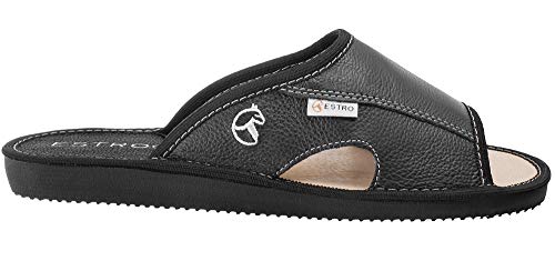 ESTRO Zapatillas De Casa Hombre Piel De Carnero Pantuflas Casa Hombre Suela De Memoria Verano (42 EU, Negro)