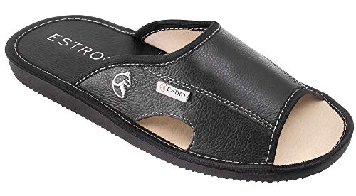 ESTRO Zapatillas De Casa Hombre Piel De Carnero Pantuflas Casa Hombre Suela De Memoria Verano (42 EU, Negro)