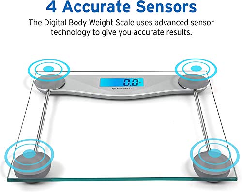 Etekcity Báscula de Baño Digital de Alta Medición Precisa 180kg / 400lbs con 303 x 303 x 26 mm Gran Plataforma y LCD Retroiluminación, Cinta Métrica Incluida, Vidrio Transparente, EB4074C