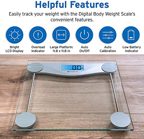 Etekcity Báscula de Baño Digital de Alta Medición Precisa 180kg / 400lbs con 303 x 303 x 26 mm Gran Plataforma y LCD Retroiluminación, Cinta Métrica Incluida, Vidrio Transparente, EB4074C