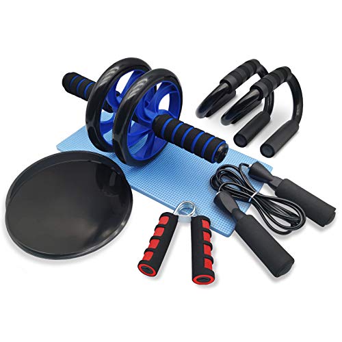 Euyecety Rueda Abdominal AB Roller Set, Rueda Abdominales + Esterilla+ Flexiones Soporte + Fortalecedores de Mano + Cuerda para Saltar + Discos Deslizantes, Ejercicio en Casa Gimnasio en Casa (8in1)