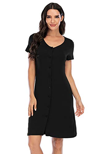 EVELIFE Camisón Mujer Botones Ropa de Dormir Pijama Lactancia Camisón de Manga Corta de Enfermería(Negro XL)