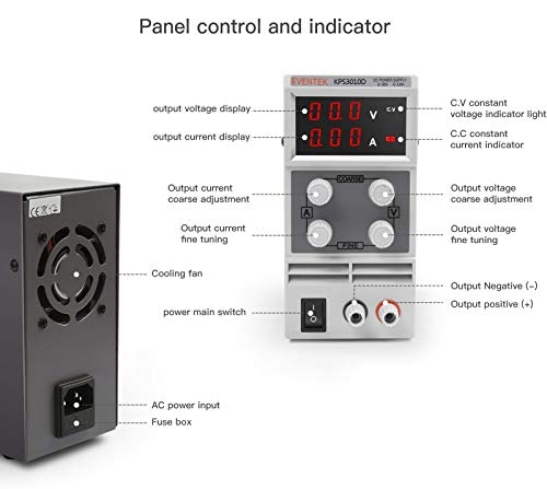 Eventek Fuentes de Alimentacion Regulables, Fuente de Alimentación de Laboratorio DC 0-30V / 0-10A Regulable Digital Ajustable Transformador, para Laboratorio, Reparación General