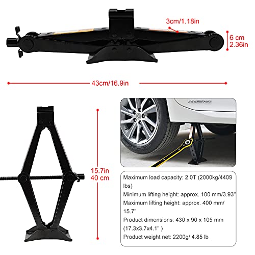 EXLECO Gato de tijera, 2 T, gato hidráulico con carraca, elevador de coche, cabezal de actividad 360°, con llave de carraca, para coche familiar, coche, SUV, MPV