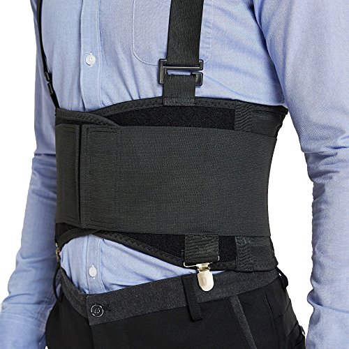 Faja lumbar con tirantes y clips para los pantalones de quita y pon - Ajustable, ligera y transpirable - Para el trabajo o para mejorar la postura - Neotech Care (Negro, M)