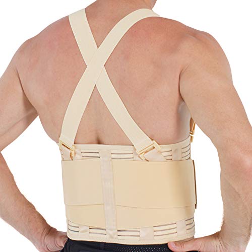 Faja para la espalda con tirantes, apoyo lumbar, cinturón de culturismo / halterofilia - Marca Neotech Care (Beige, Talla L)