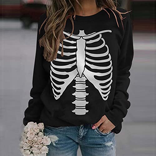 Fcostumer Camiseta de manga larga para mujer, con cuello redondo, para Halloween, divertida, con impresión de huesos, holgada, deportiva, para invierno, otoño, talla grande, 01-negro, M