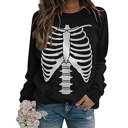 Fcostumer Camiseta de manga larga para mujer, con cuello redondo, para Halloween, divertida, con impresión de huesos, holgada, deportiva, para invierno, otoño, talla grande, 01-negro, M