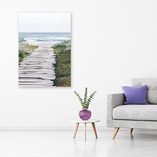 Feeby Impresión en Material Tejido no Tejido Camino de madera Oceano Dunas Playa 80x120 cm Cuadro de Pared XXL Imagen Gráfica Estética Mar Ondas Césped Naturaleza Verde