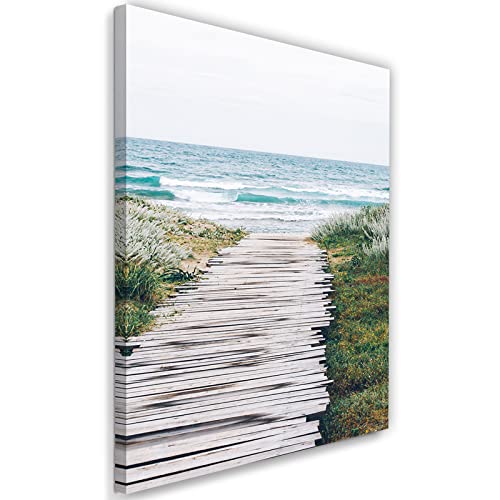 Feeby Impresión en Material Tejido no Tejido Camino de madera Oceano Dunas Playa 80x120 cm Cuadro de Pared XXL Imagen Gráfica Estética Mar Ondas Césped Naturaleza Verde