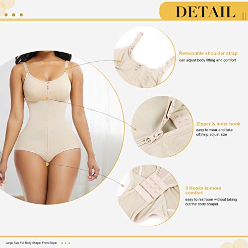 FeelinGirl Mujer Faja Reductora con Tirantes Ajustables Cubre Busto Cremallera Frontal Corset de Cuerpo Completo Braga Moldeadora Shapewear Overbust Body Shaper Gran Tamaño Beige 6XL/Talla 54-56