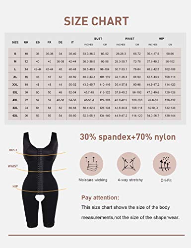 FeelinGirl Mujeres Shapewear de Cuerpo Overbust Faja Adelgazante Arriba de Busto Corset Reductor Lumbar con Ganchos Cremallera Body Shaper Talla Grande Negro Largo S/ES 36-38