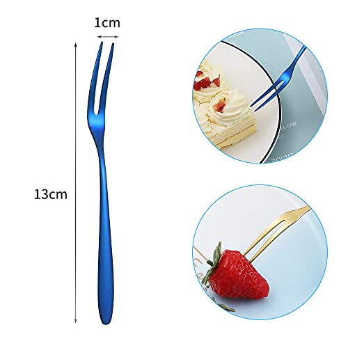 FEMONGY Tenedores Postre, 6 piezas Tenedor de fruta, tenedor pequeño, Material de acero inoxidable 304, duradero, suave, sin rebabas, adecuado para frutas, ensaladas, pasteles (azul zafiro, 13 x 1cm)