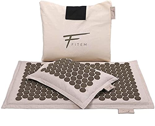 Fitem – Set de acupresión de alta gama y ecológico, esterilla de acupresión + cojín + bolsa, alivio del dolor de espalda y cuello, relajación muscular y estimuladores patentados