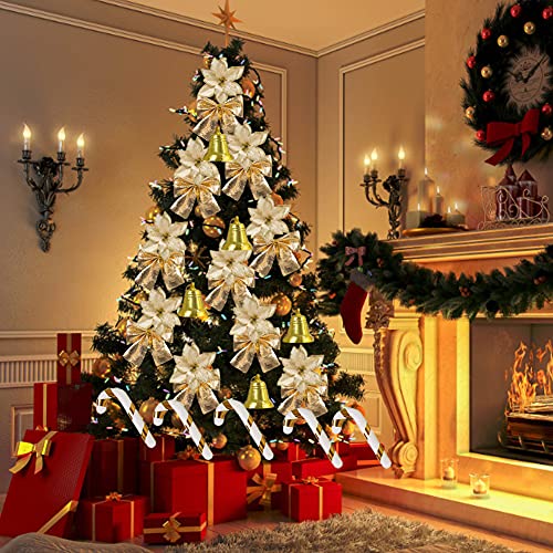 Flores de árbol de Navidad, Decoraciones de árbol de Navidad Decoraciones de Navidad Flores de Navidad Decoración de Flores Artificiales con Arco Snowflake Bell Cane Clip 120pcs Dorado