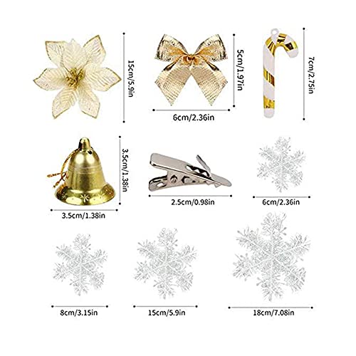 Flores de árbol de Navidad, Decoraciones de árbol de Navidad Decoraciones de Navidad Flores de Navidad Decoración de Flores Artificiales con Arco Snowflake Bell Cane Clip 120pcs Dorado