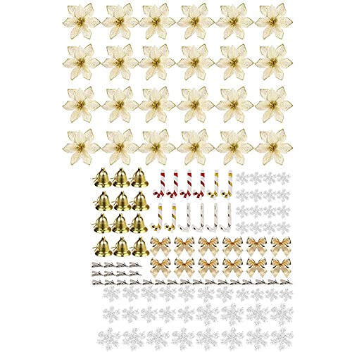 Flores de árbol de Navidad, Decoraciones de árbol de Navidad Decoraciones de Navidad Flores de Navidad Decoración de Flores Artificiales con Arco Snowflake Bell Cane Clip 120pcs Dorado