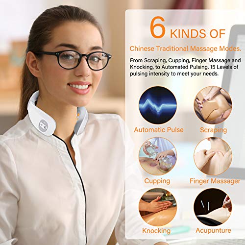 FORTHiQ Masajeador de Cuello Cervical Portátil, Masajeador Eléctrico Inteligente para Aliviar el Dolor, 6 Modos, 15 Niveles de Intensidad, con Función de Calor, 4 Almohadillas de Gel Incluidas