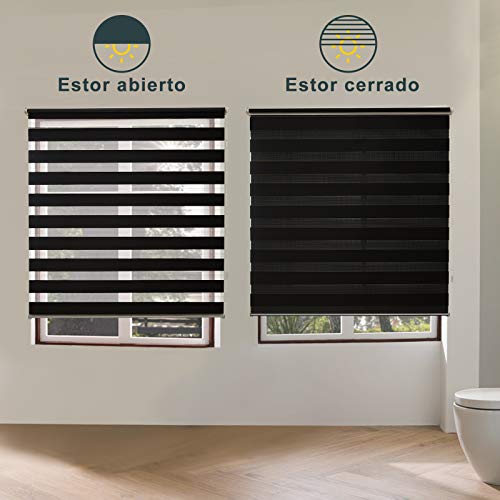 FRENESSA Estor Enrollable Doble Tejido Noche y Día Persiana Enrollable para Ventanas Puertas Dormitorios Oficinas, Negro, 160 x 180 cm