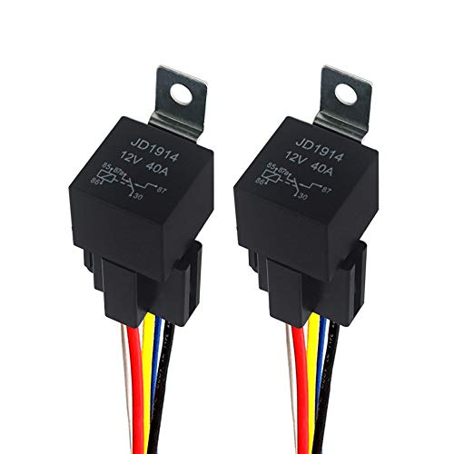 FULARR 2Pcs Profesional 5 Pines Coche Relé, 12V 40A SPDT Auto Relé con Zócalo & Color Etiqueta Arnés, para Auto Camión Moto Barco –– Negro