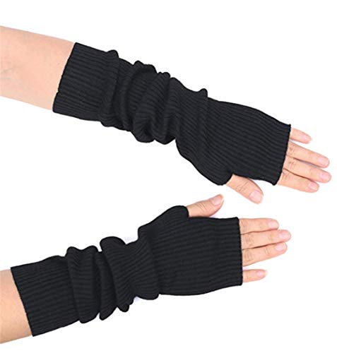 Fully Par guantes elásticos de invierno para el agujero del pulgar Manopla Muñeca Longitud del codo Brazo del ojo del pulgar Calentador de la mano Guantes sin dedos (negro, estilo largo)