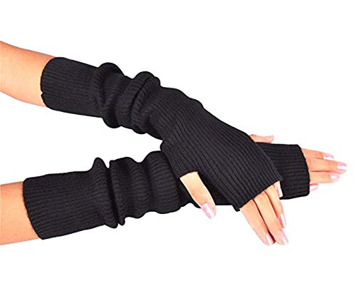 Fully Par guantes elásticos de invierno para el agujero del pulgar Manopla Muñeca Longitud del codo Brazo del ojo del pulgar Calentador de la mano Guantes sin dedos (negro, estilo largo)