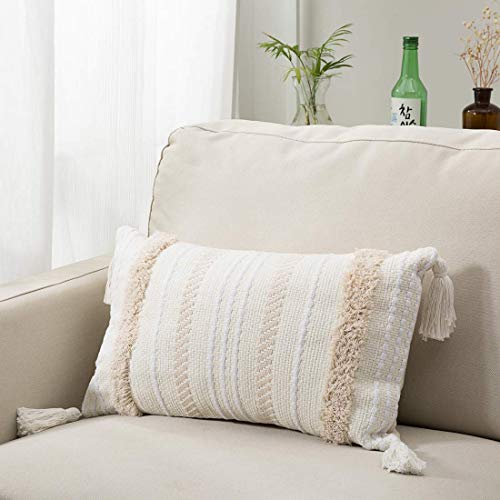 Funda de almohada borla de punto para decoración del hogar, fundas de almohada de color beige sólido tejido fundas de cojín para sofá o sala de estar 30x50