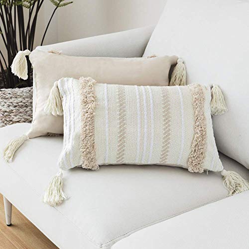 Funda de almohada borla de punto para decoración del hogar, fundas de almohada de color beige sólido tejido fundas de cojín para sofá o sala de estar 30x50