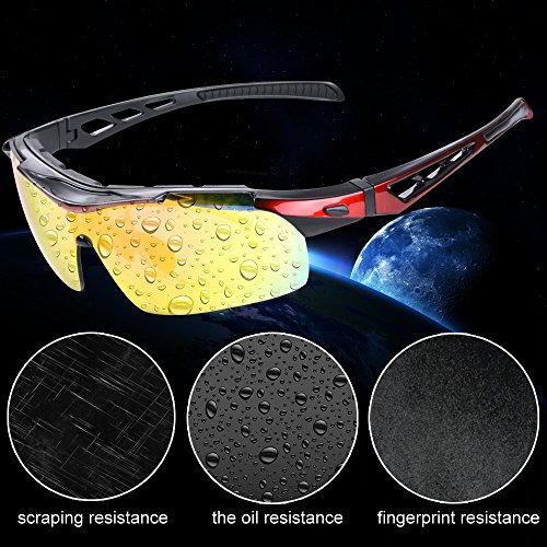 Gafas de Ciclismo Unisex Gafas de Sol de Deportivas Bici Polarizadas 5 Lentes Intercambiables para Hombre y Mujer Deporte Bicicleta Ciclismo Montaña MTB Conducir Pesca Ski Esquiar Golf Correr (Rojo)