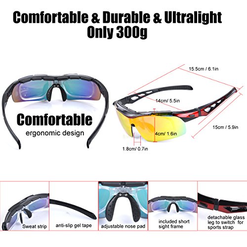 Gafas de Ciclismo Unisex Gafas de Sol de Deportivas Bici Polarizadas 5 Lentes Intercambiables para Hombre y Mujer Deporte Bicicleta Ciclismo Montaña MTB Conducir Pesca Ski Esquiar Golf Correr (Rojo)