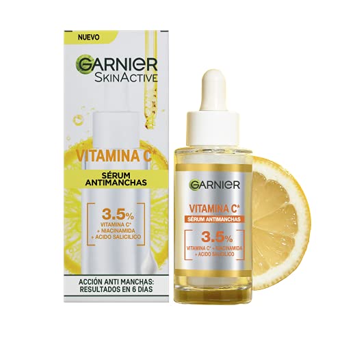 Garnier Sérum Anti Manchas con 3,5% de Vitamina C, Niacinamida y Ácido Salicílico. En 6 días reduce visiblemente las manchas oscuras y aporta luminosidad. Eficacia aprobada por laboratorios