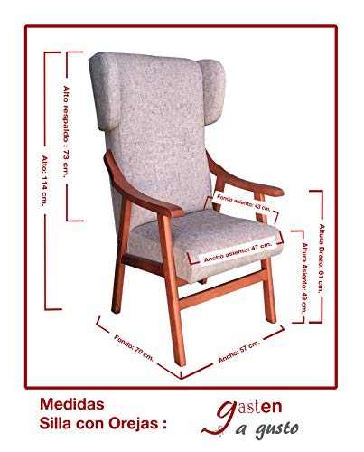 Gasten a gusto Silla con Brazos y Orejas apoya-Cabeza. Madera Color: Cerezo (Medidas: 117 * 69 * 57 cm) Tela Antimanchas: para Personas Mayores o geriátrico. Prótesis de Cadera. Tostado