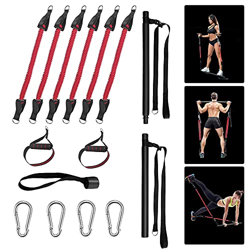 GJCrafts Kit de Barra Pilates portátil Ajustable con 6 Bandas elásticas de Resistencia, bastón de Ejercicio de Yoga Desmontable para Entrenamiento en casa, para moldear el Cuerpo elástico