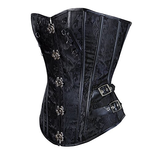 Grebrafan Corset Mujer Tiras De Cuero Steampunk Acero con Estructura Corsé (EU(34-36) M, Negro)