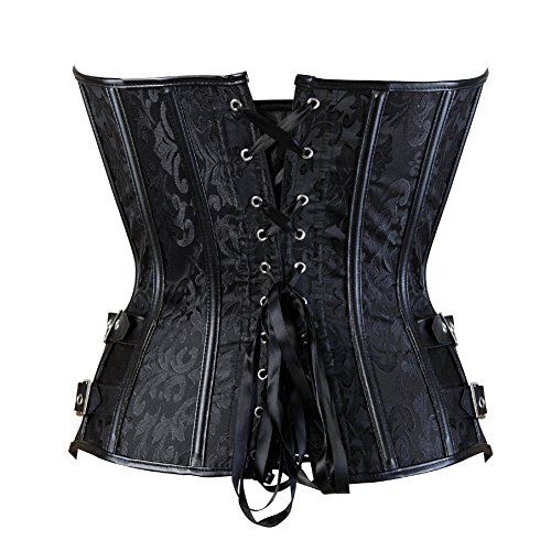 Grebrafan Corset Mujer Tiras De Cuero Steampunk Acero con Estructura Corsé (EU(34-36) M, Negro)