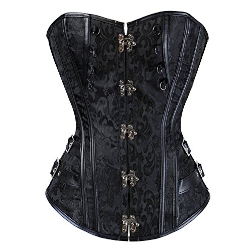 Grebrafan Corset Mujer Tiras De Cuero Steampunk Acero con Estructura Corsé (EU(34-36) M, Negro)