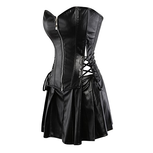 Grebrafan De Lujo Clásico Corset Imitación Cuero Corsé Mini Falda Conjunto (EUR(42-44) 3XL, Negro)