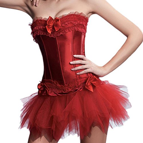 Grebrafan Nupcial Corset de Encaje y Satén Corsés + Falda Tutú De Tul (EU(34-36) M, Rojo)