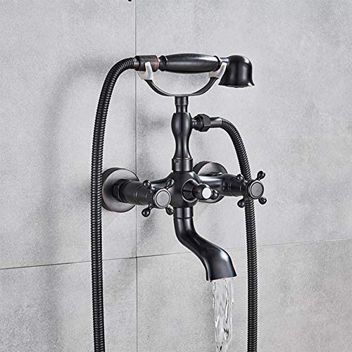 Grifo De Bañera Con Alcachofa De Mano, Latón Grifo Ducha Con Dos Asas, Mezclador Baño Y Ducha Incluye Manguera De Ducha De 1,5 M Y Soporte, Montaje En Pared, Negro, Diseño Vintage