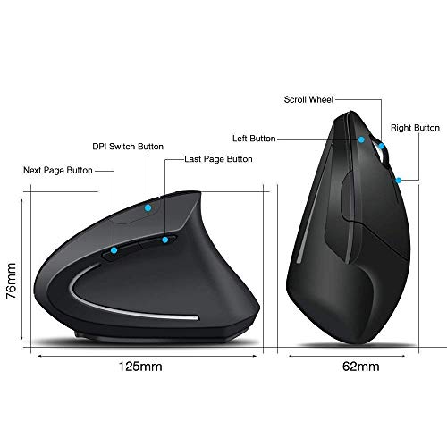 Gssuccess - 2.4G Ratón óptico Forma Vertical Ergonómico Recargable USB inalámbrico - Diseño ergonómico Prevención de Codo de tenista - Enfermedad del ratón - 6 Botones - Iluminado - Color Negro