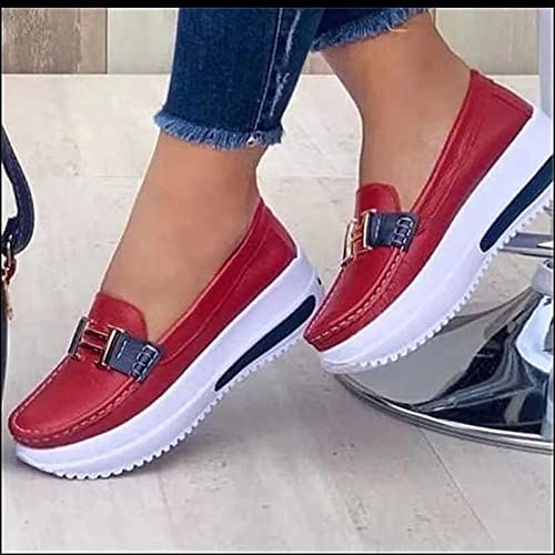 Guajave 2021 Zapatos de Barco Planos con Plataforma Informal para Mujer, cómodos Mocasines de Plataforma para Zapatos Planos de PU de Estilo Vintage con Punta Redonda para Caminar