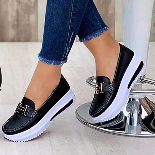 Guajave 2021 Zapatos de Barco Planos con Plataforma Informal para Mujer, cómodos Mocasines de Plataforma para Zapatos Planos de PU de Estilo Vintage con Punta Redonda para Caminar