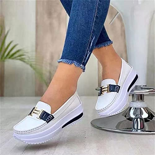 Guajave 2021 Zapatos de Barco Planos con Plataforma Informal para Mujer, cómodos Mocasines de Plataforma para Zapatos Planos de PU de Estilo Vintage con Punta Redonda para Caminar