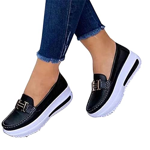 Guajave 2021 Zapatos de Barco Planos con Plataforma Informal para Mujer, cómodos Mocasines de Plataforma para Zapatos Planos de PU de Estilo Vintage con Punta Redonda para Caminar