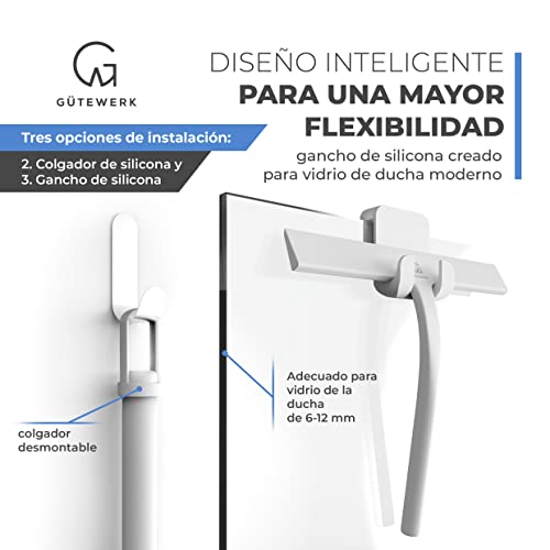 GÜTEWERK rasqueta limpiacristales para Ducha y mampara Profesional con Colgador Ventosa - Blanco - 23 cm - sin taladrar ni Pegar - Silicona y Acero Inoxidable