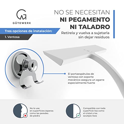 GÜTEWERK rasqueta limpiacristales para Ducha y mampara Profesional con Colgador Ventosa - Blanco - 23 cm - sin taladrar ni Pegar - Silicona y Acero Inoxidable