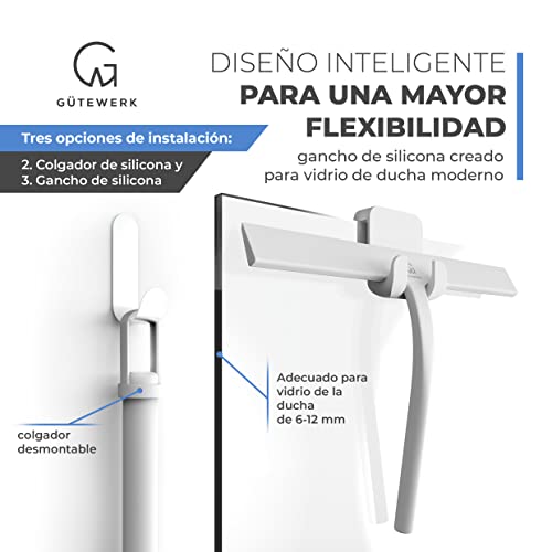 GÜTEWERK rasqueta limpiacristales para Ducha y mampara Profesional con Colgador Ventosa - Blanco - 28 cm - sin taladrar ni Pegar - Silicona y Acero Inoxidable