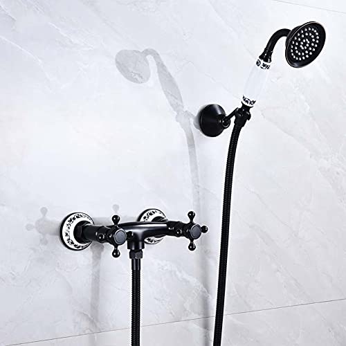 GX Grifo Bañera con Alcachofa De Mano Mezclador De Bañera De Negro Latón Montaje En Pared, Incluye Soporte Y Manguera De 150 Cm, Dos Asas Grifo De Ducha, Antiguo